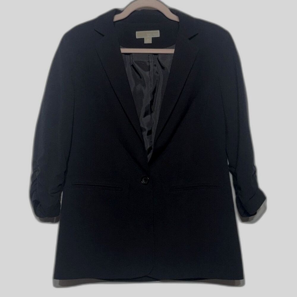 Michael Kors Black Blazer Women 4 Ruched 3/4 Sleeve Single Button Workwear